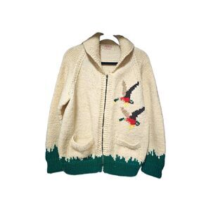 1960s Mallard Duck Sweater Cowichan Style Hand Knit Zip Cardigan Hunting Cabin